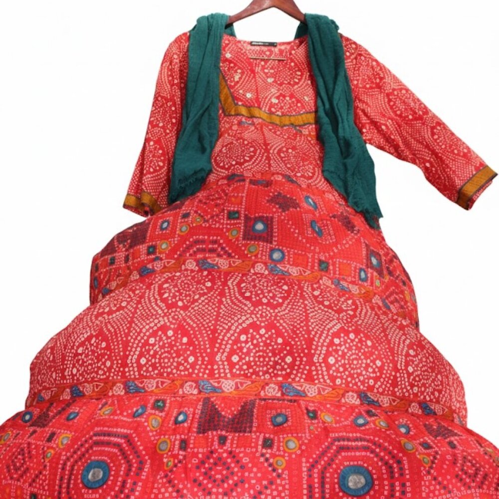 GENERATION Basic Maxi Dress & Dupatta Set - Size 14 Red Block Print Tiered Anark